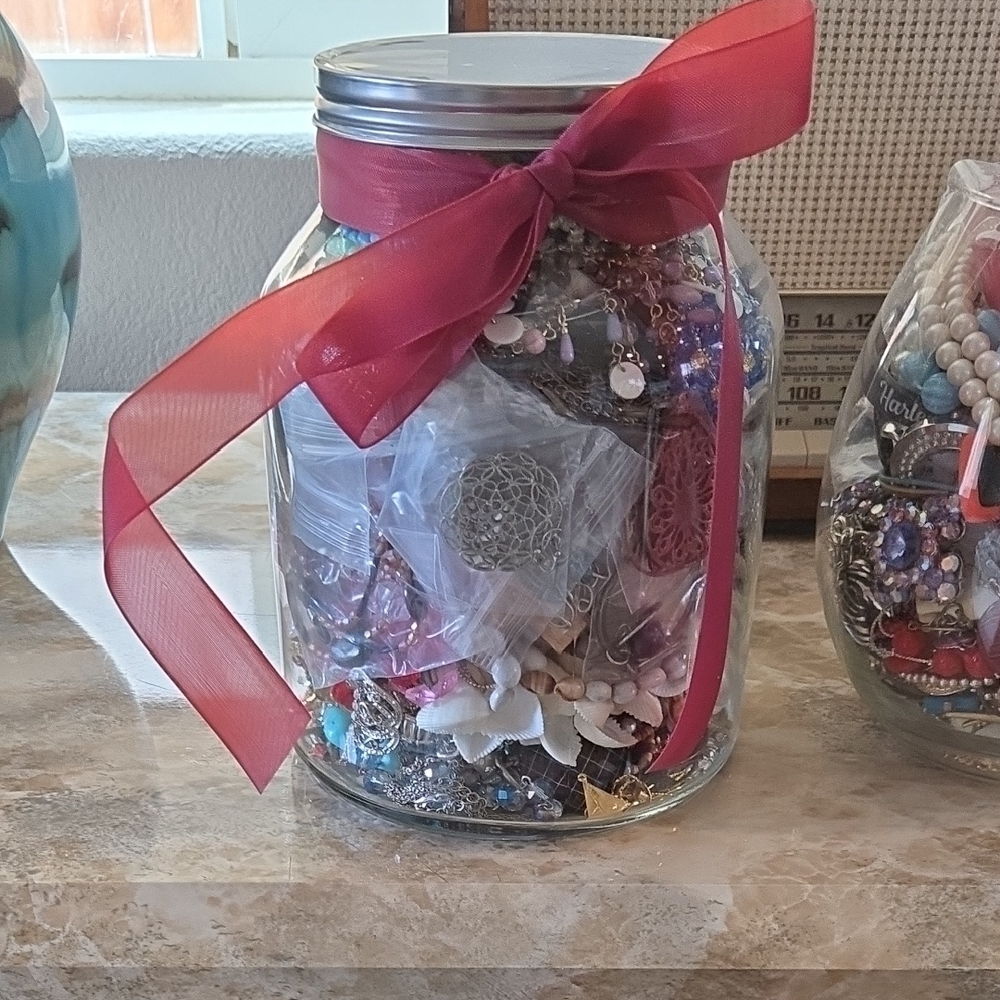 Mystery Jar of Assorted Jewelry with Pink Ribbon